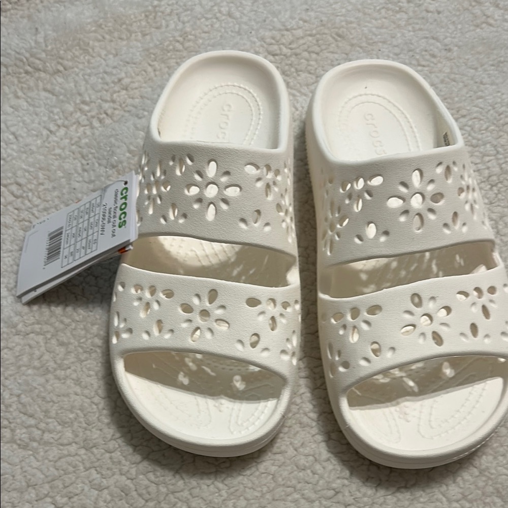 CROCS White Slide Sandals with Floral Cutouts